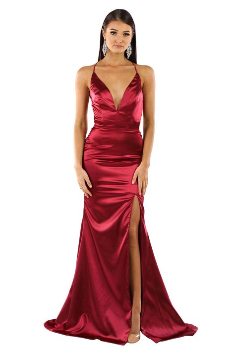 Electra Lace Up Back Front Slit Satin Gown Deep Red Noodz Boutique