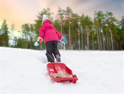 Little Girl With Sleds On Snow Hill In Winter Stock Photo Image Of