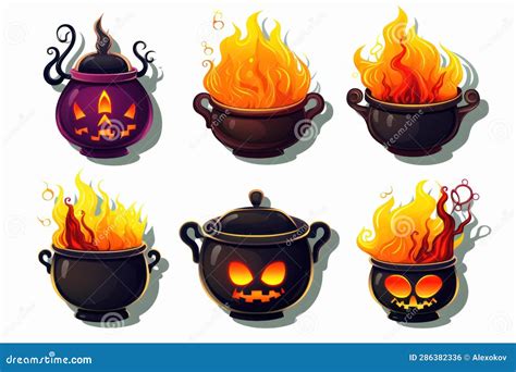 Spooky Halloween Stickers Black Cauldrons On White Background Ai