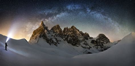 Nature Landscape Milky Way Snow Mountain Snowy Peak Starry Night Skiers