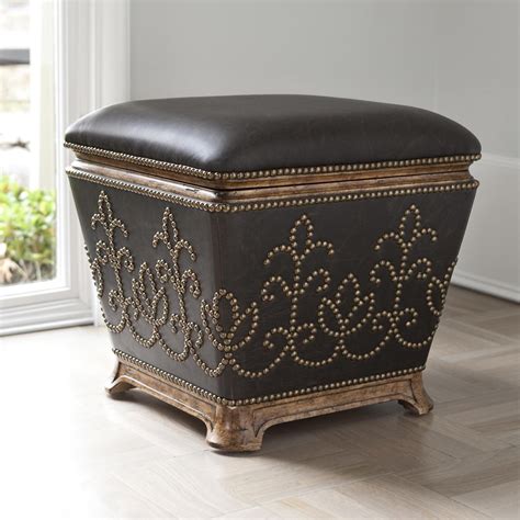 Studded Antique Brass Leather Ottomanstool 20 X 19 Tall