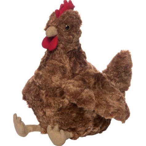 A Brown Stuffed Chicken Sitting On Top Of Its Back Legs With A Red