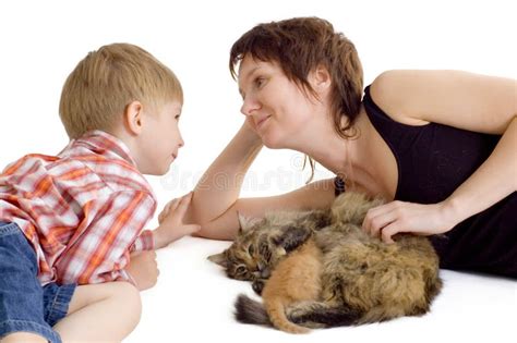 mother and son with cat and kitten stock image image of mother cheerful 14334345