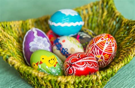 Colorful Hand Painted Easter Eggs In Basket Top View Stock Image