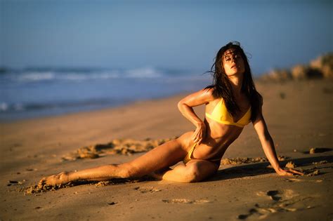 Wallpaper Yellow Bikini Tanned Sand Sea Belly Beach Women