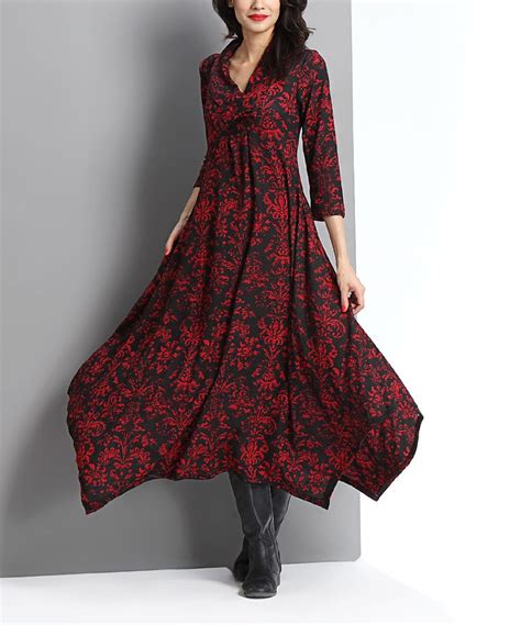 Red Damask Shawl Collar Handkerchief Maxi Dress By Reborn Collection