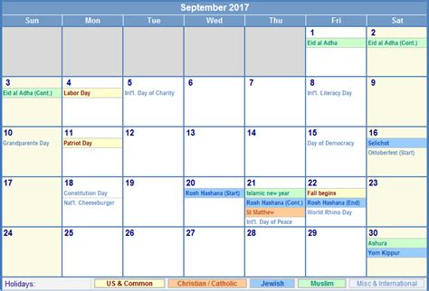 Visit here to plan for your trip or study plan. September 2017 US Calendar with Holidays for printing ...