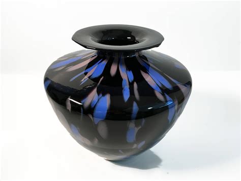Art Glass Vase Vintage Mid Century Black Blue And Mauve Abstract Design Heavy Spatter Glass