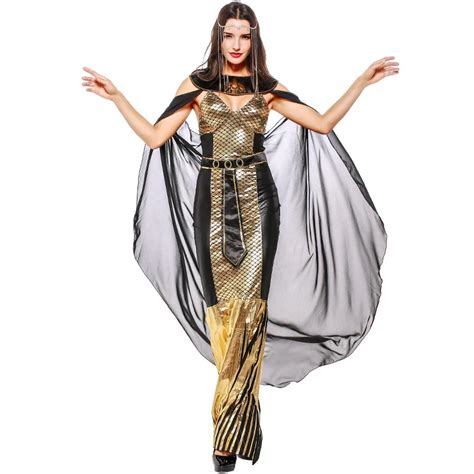 Umorden Deluxe Gold Egyptian Queen Cleopatra Costume Sequin Long Dress Phoenix Print Women Adult