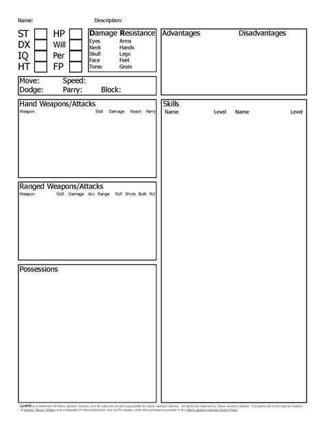 Gurps 4e Simplified Character Sheet Fillable Pdf