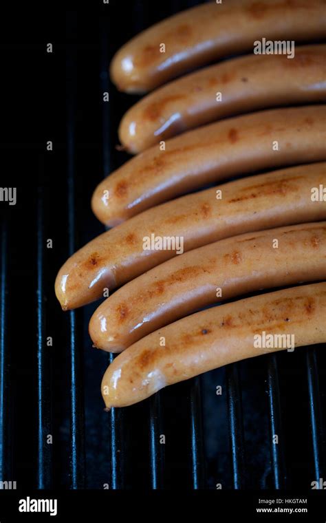 Baked Sausages On Barbecue Grill Greasy Meat Food Stock Photo Alamy