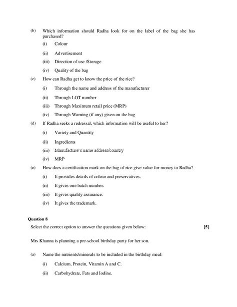 Isc Class Sample Paper Home Science Specimen Question Paper