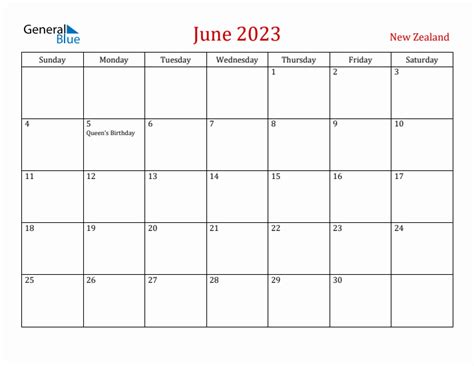 June 2023 Monthly Calendar With New Zealand Holidays