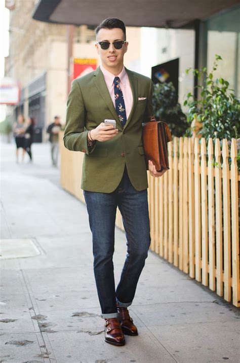 Mens Dark Green Blazer Pink Dress Shirt Navy Jeans Brown Leather