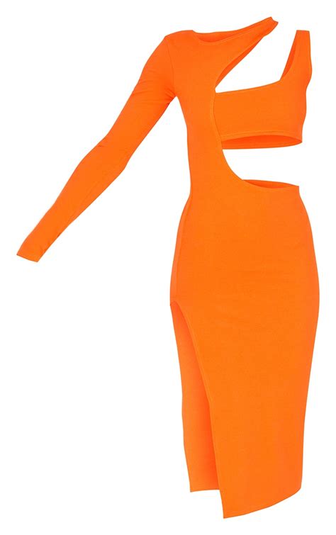 Orange Ribbed One Shoulder Cut Out Midi Dress Prettylittlething Ksa