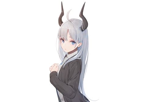 Download 1920x1360 Shy Anime Girl Horns Gray Hair