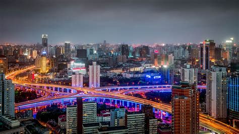 Building China City Huangpu Night Panorama Road Shanghai Hd Travel