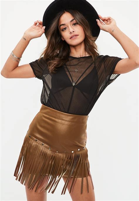 Brown Faux Leather Studded Mini Skirt Missguided Australia Leather