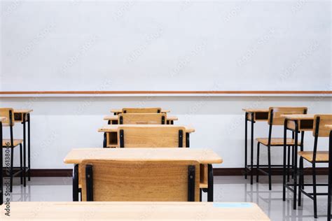 Empty School Classroom With Desks Chair Wood Greenboard And Whiteboard