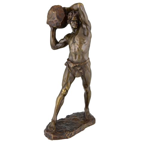 Antique Bronze Sculpture Strong Man Male Nude With Stone Deconamic