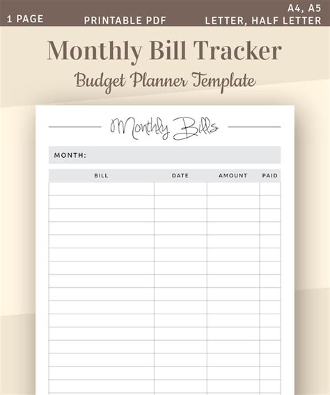 Calendars And Planners Paper And Party Supplies Monthly Bill Tracker