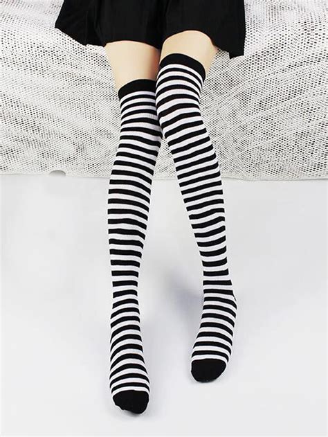 1pair stripe over the knee socks romwe usa over the knee socks checkered socks over the knee