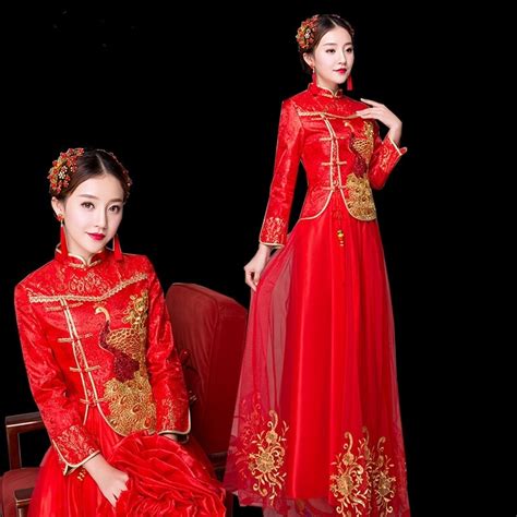 Traditional Chinese Wedding Gown 2019 Women Modern Chinese Dress Long Sleeve Embroidery Maxi Red