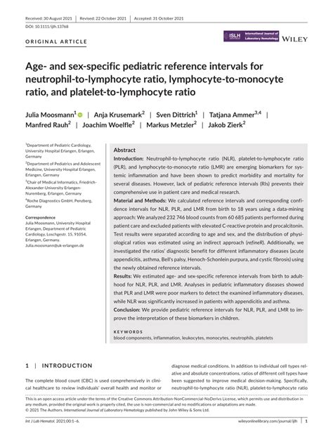 Pdf Age‐ And Sex‐specific Pediatric Reference Intervals For Neutrophil‐to‐lymphocyte Ratio