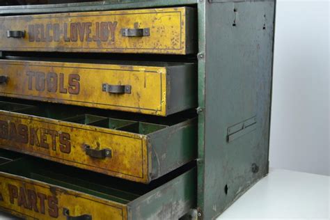 16 front to back x 8 1/2 h x 10 1/2 side to side. 1930s Metal Garage Toolbox Cabinet with 4 drawers at 1stDibs