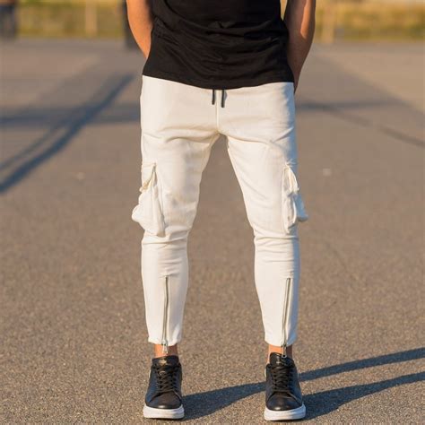 Mens Cargo Joggers With Zipper Details In White