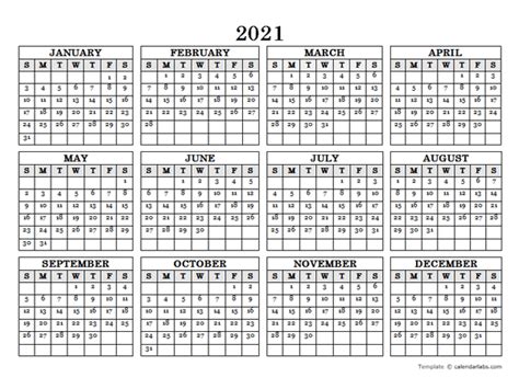2021 Yearly Calendar Portrait Printable