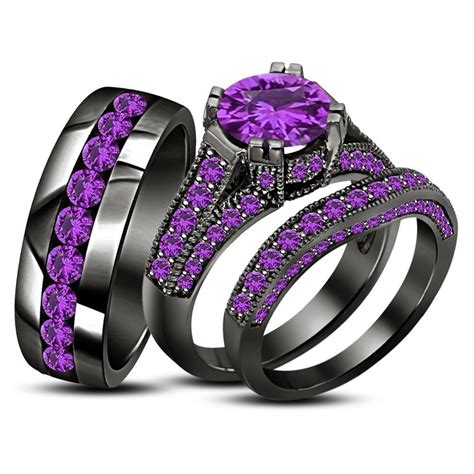 Purple Amethyst Trio His Her Matching Engagement Bridal Ring Set Black Gold Fn Aonedesi