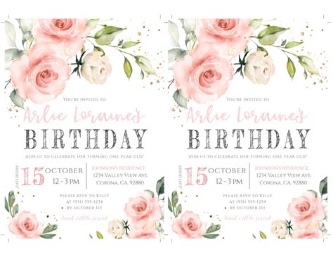 Blush Pink Birthday Invitation Template Pink Gold Birthday Etsy