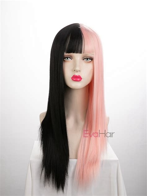Evahair Half Black And Half Pink Wefted Cap Long Straight Synthetic Wig