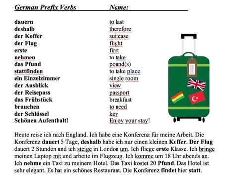 German Separable Prefix Verbs Handout Reading Worksheet Trennbare