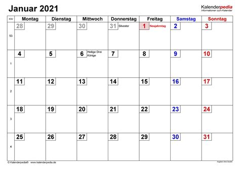 Kalender bayern 2020 + kalender bayern 2021 mit feiertagen, schulferien und kalenderwochen (kw). Kalender Januar 2021 als PDF-Vorlagen
