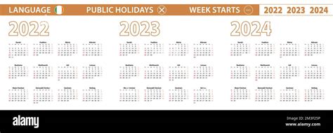 2022 2023 2024 Year Vector Calendar In Irish Language Week Starts On