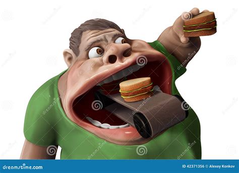 Fat Hungry Man Eating Hamburgers 3d Illustration Stock Illustration
