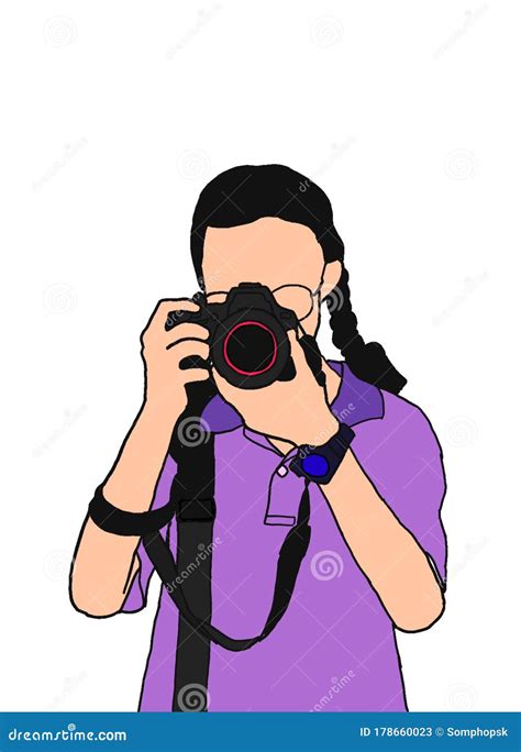 A Drawing Of Young Lady Holding The Digital Dslr Camera To Take Photo