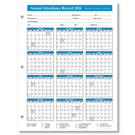 Employee Yearly Attendance Calendar