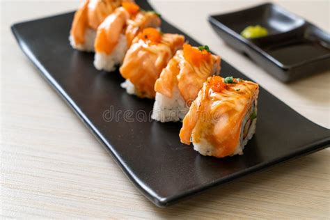 Grilled Salmon Sushi Roll With Sauce Stock Image Image Of Orange