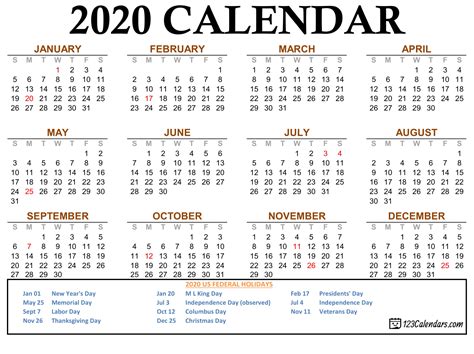2020 Calendar Free Printable