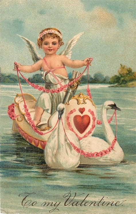 Pfb Valentine~cupid In Swan Boat~pink Rose Garland~embossed~germany