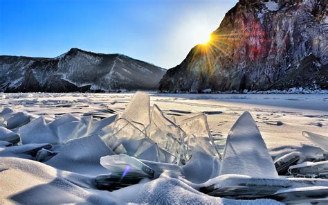 Papéis De Parede Lago Baikal Neve Gelo Montanhas Sol Inverno