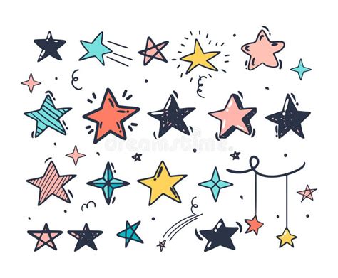 Doodle Style Hand Drawing Colored Stars Of Different Shapes Stock