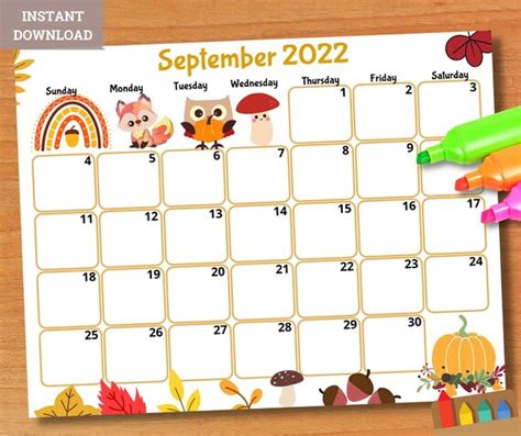 Editable September 2022 Calendar Printable Kids Calendar Etsy