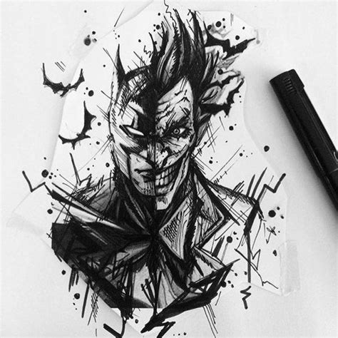 A Drawing Of The Joker In Black And White With Some Ink Splatters On It