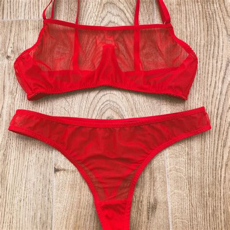 Red Sheer Mesh Lingerie Set Sexy Red Bralette And Panties Etsy