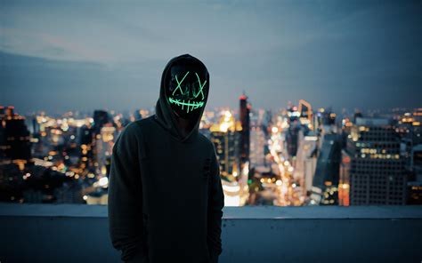 Wallpaper Anonymous Mask Hood Hoodie City Glow Hd Widescreen