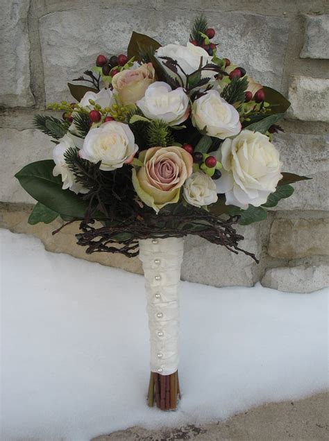 Winter Wedding Bouquet With Roses Hypericum Berries Magnolia Leaves